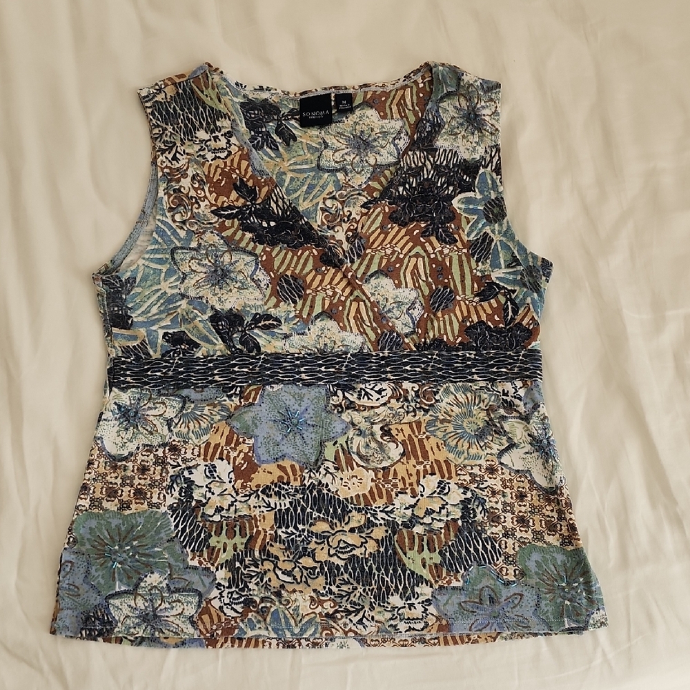 Sonoma. Blue and Brown Surplice Blouse. Empire Style.